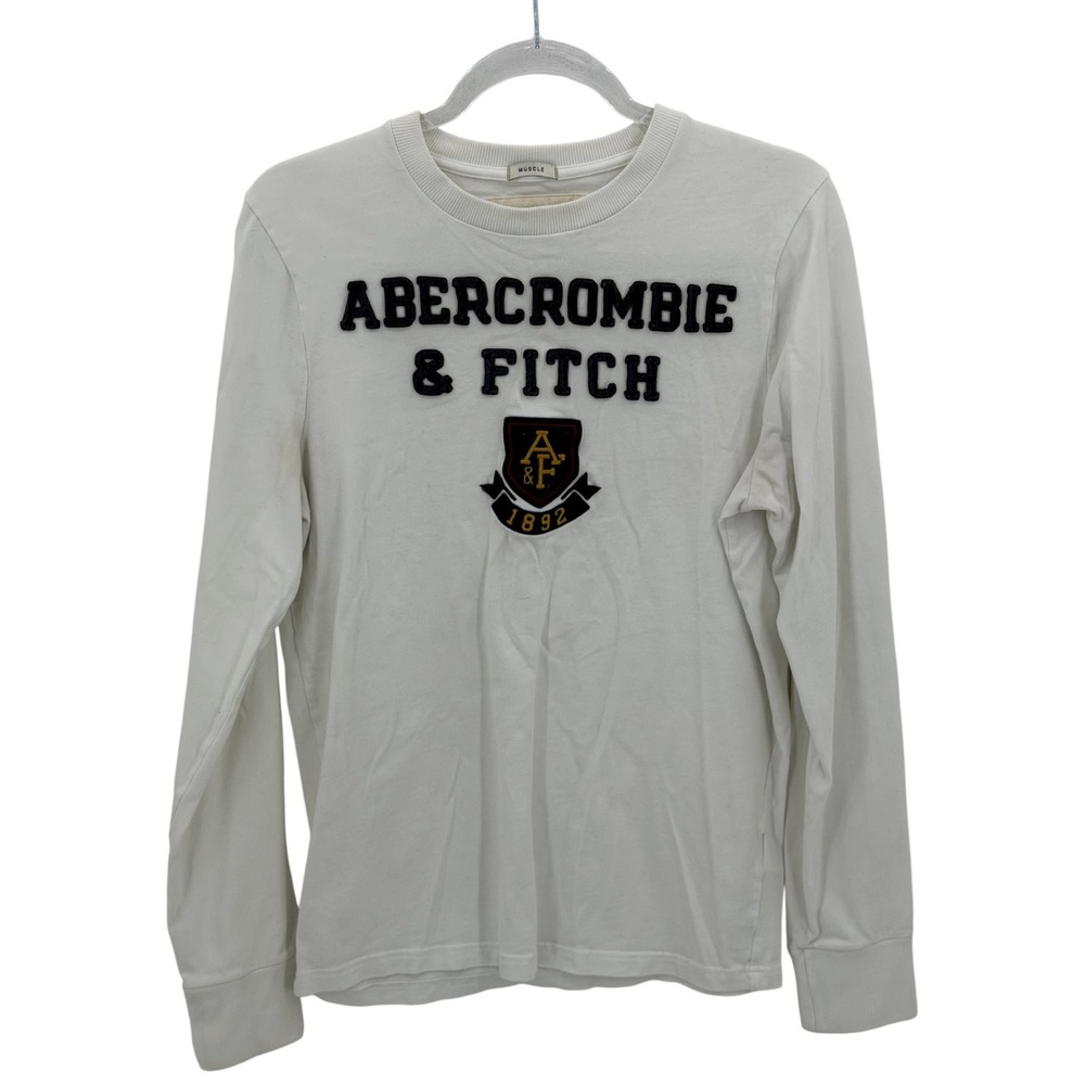 Abercrombie & Fitch Shirt Mens Medium White Long Sleeve Muscle Logo Preppy Y2K
